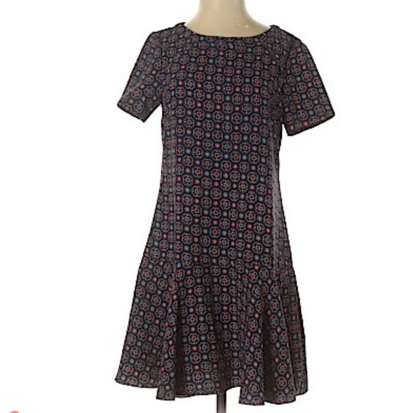 NWOT Banana Republic Dress Foulard Flounce Drop Waist. Navy Red Orange.Size 0P. - Picture 1 of 9